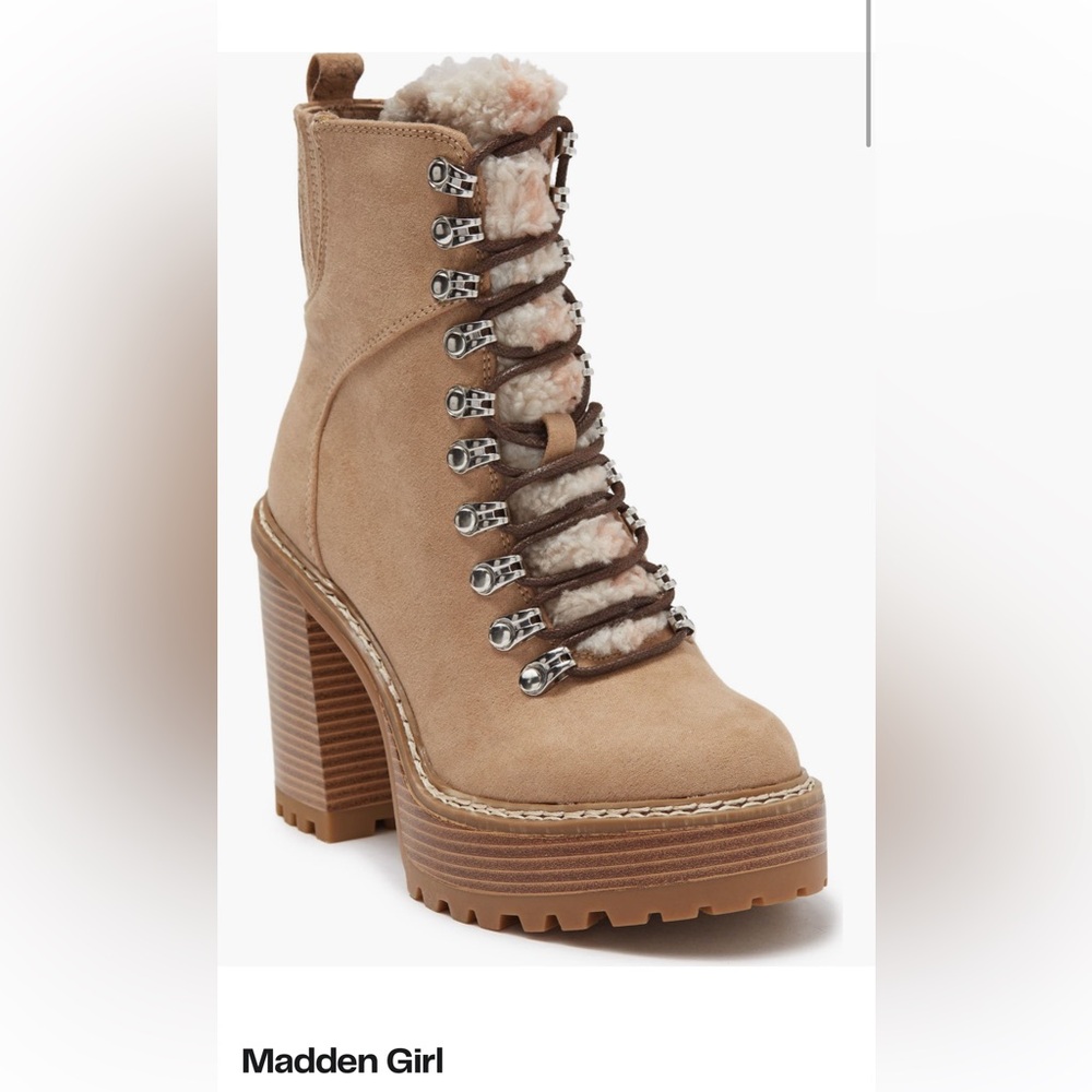 Madden Girl Beige Heeled Boots with Fur Trim
